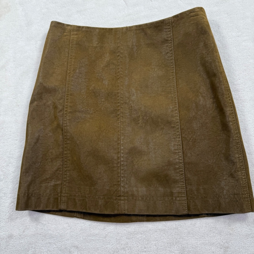Free People Women Olive Brown Faux Leather Mini Skirt‎ Paneled Back Zip Small